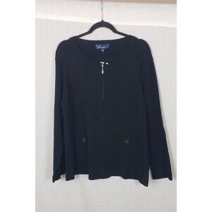 Susan Graver Style Sweater Womens 1X Black Zip Front Cardigan Pockets Knit Plus